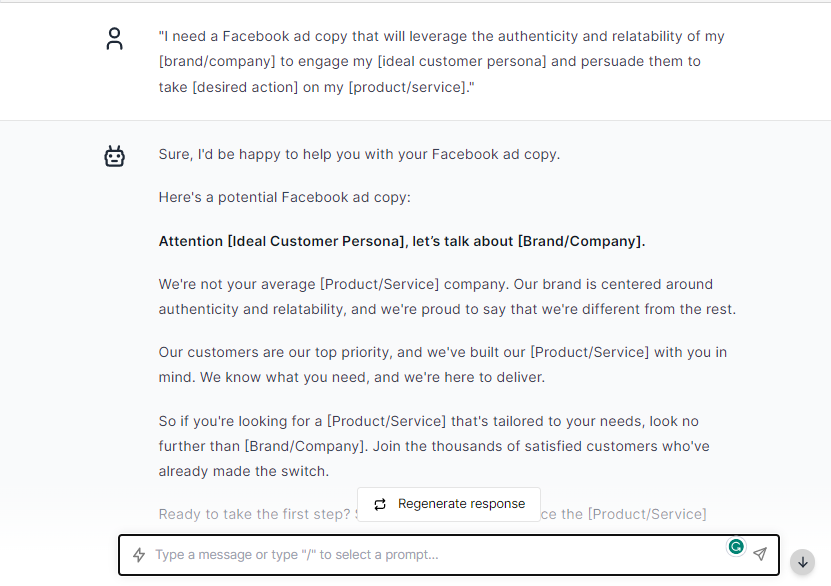 Facebook Ad Copy Customer Purchase my Service - ChatGPT Prompts for Facebook Ads