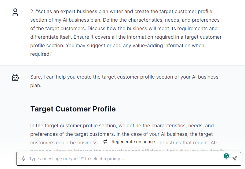 Target Customer Profile Section - ChatGPT Prompts for Business Plan