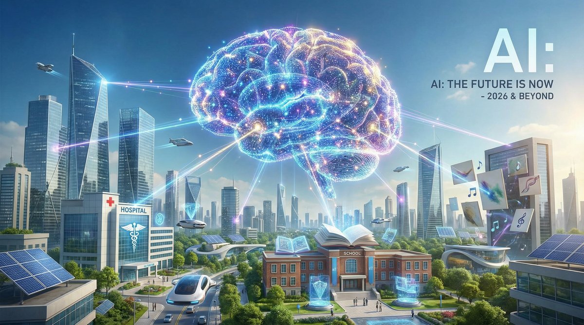 Futuristic AI concept visualization showing a digital brain connected to healthcare, education, and creative sectors in 2026
