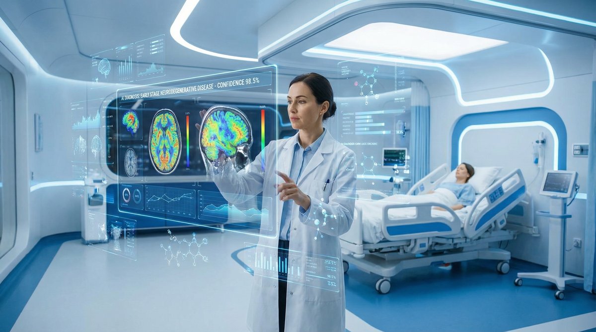 AI-powered healthcare diagnostics with a doctor analyzing holographic brain scans