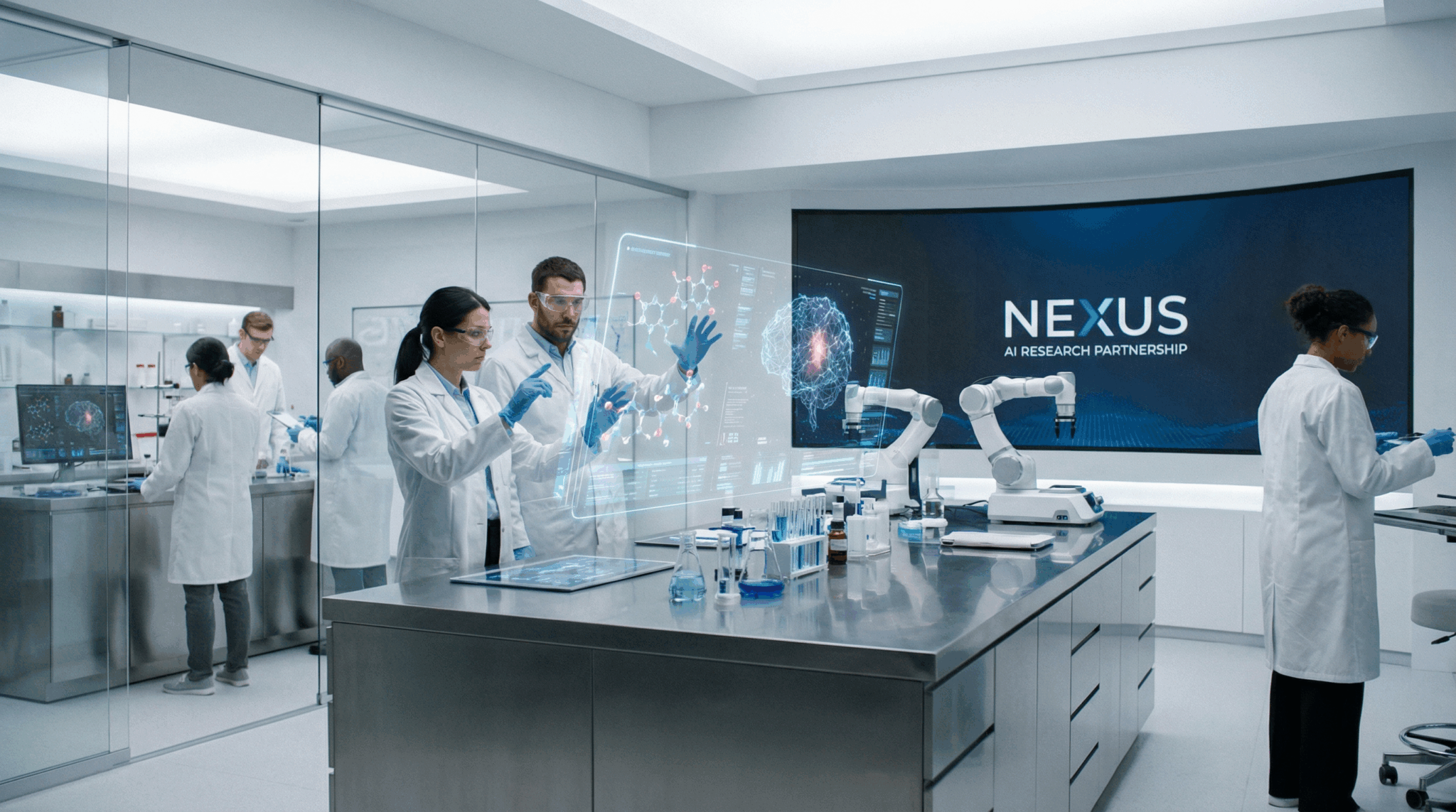 AI assisting researchers in a high-tech laboratory