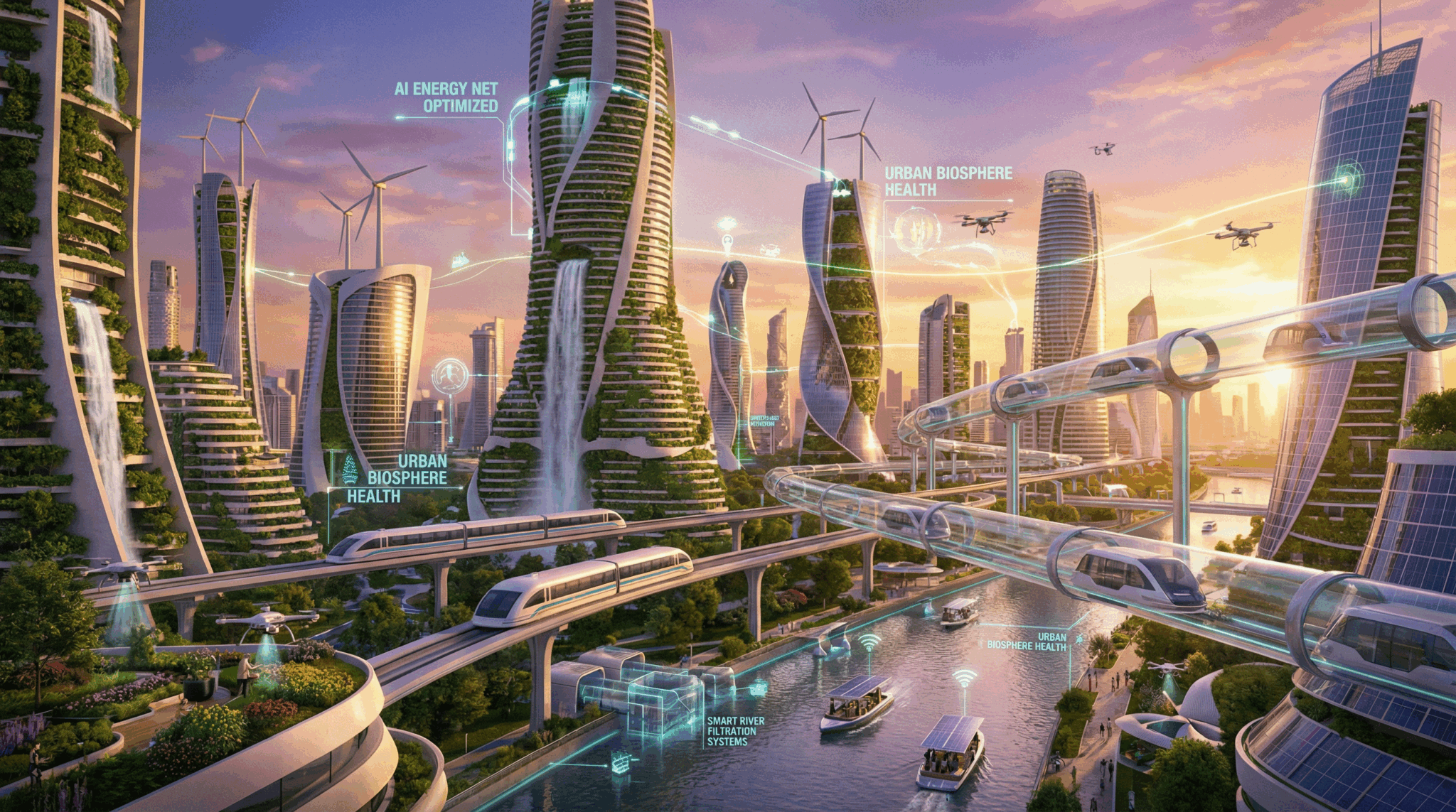 Futuristic cityscape with integrated AI systems supporting sustainability
