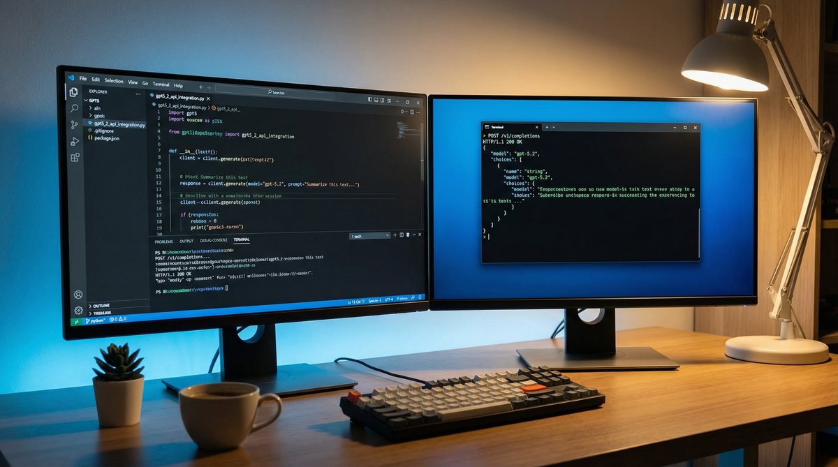 Developer workspace showing GPT-5.2 API integration with code editor and terminal