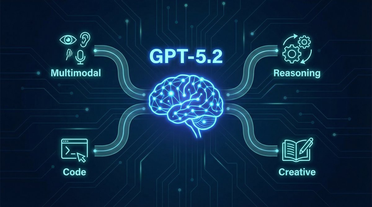 GPT-5.2 architecture infographic showing multimodal, reasoning, code, and creative capabilities