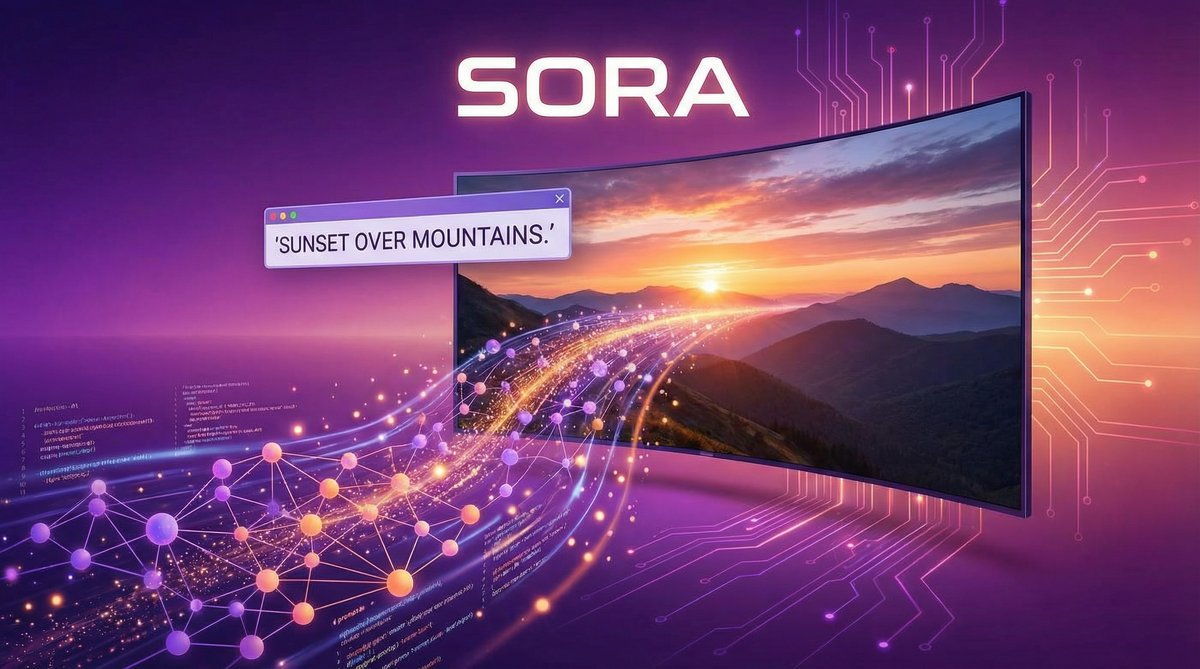 Sora AI video generation showing text-to-video transformation with neural network processing