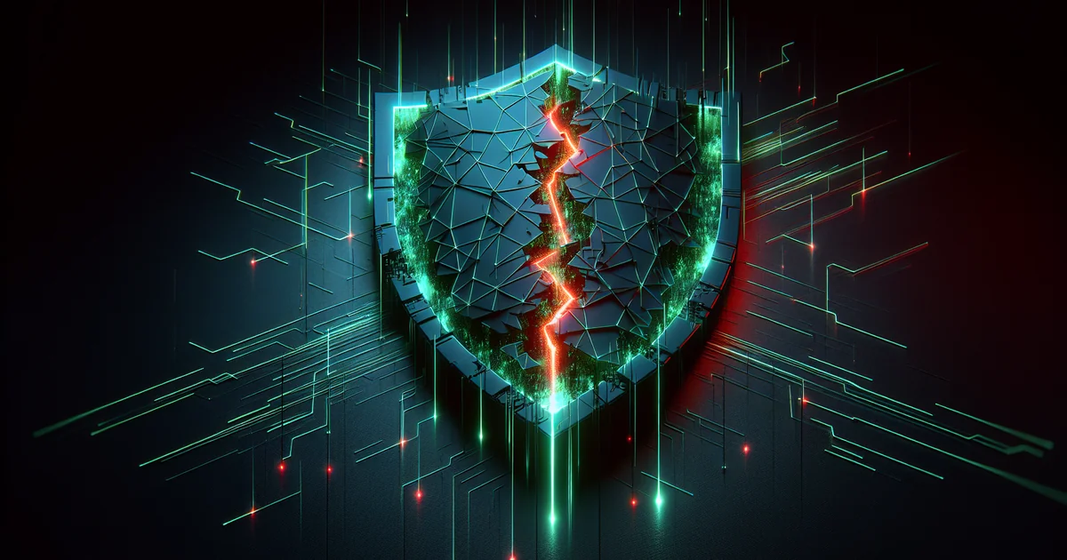 Cybersecurity breach concept with fractured shield