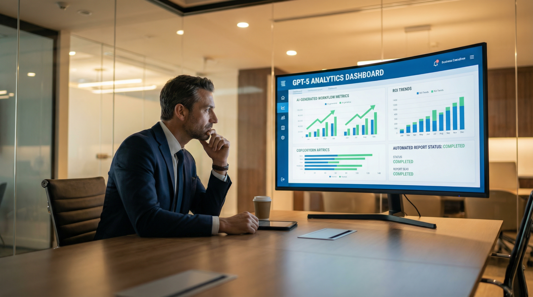 Business executive reviewing GPT-5 analytics dashboard and ROI metrics