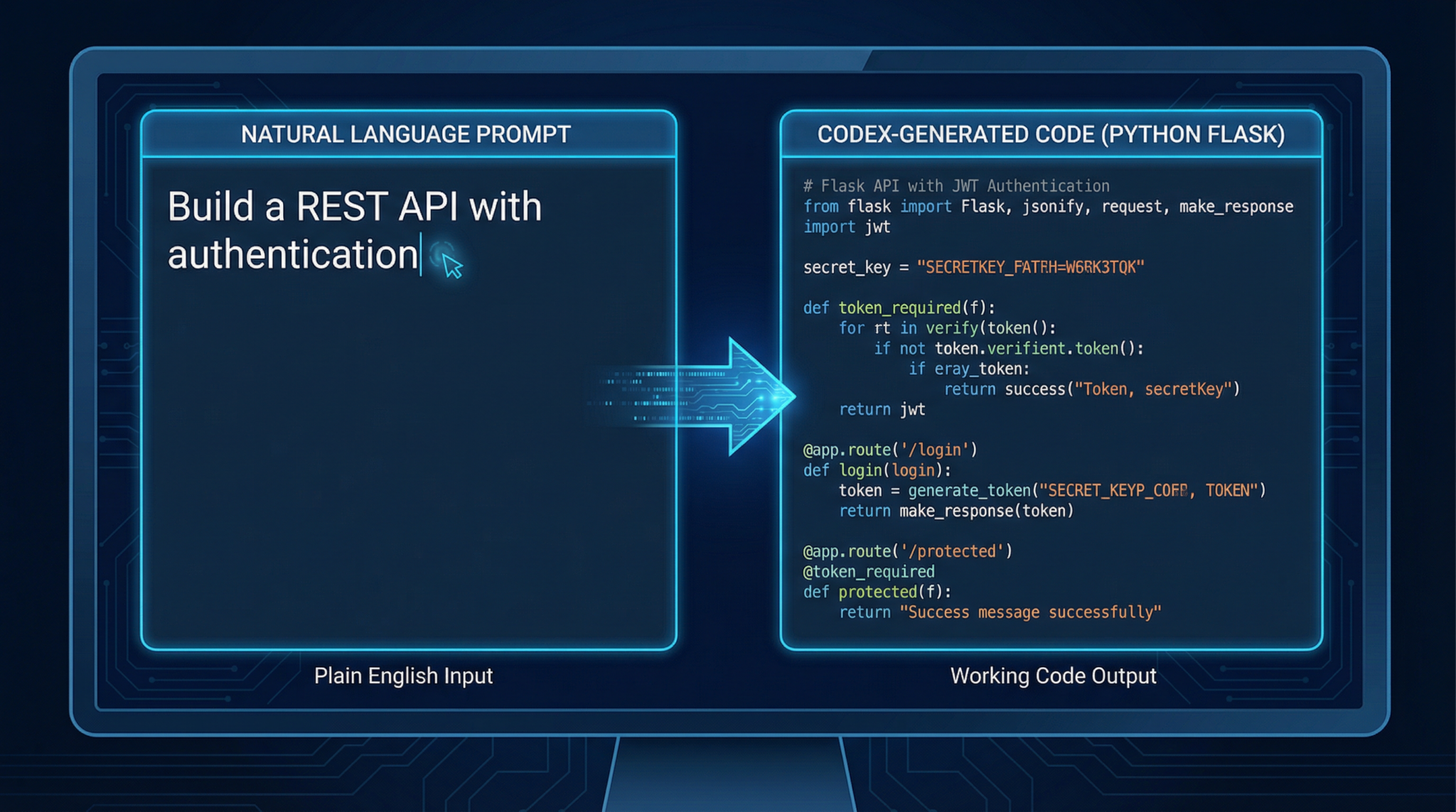 OpenAI Codex transforming natural language prompt into Python Flask REST API code