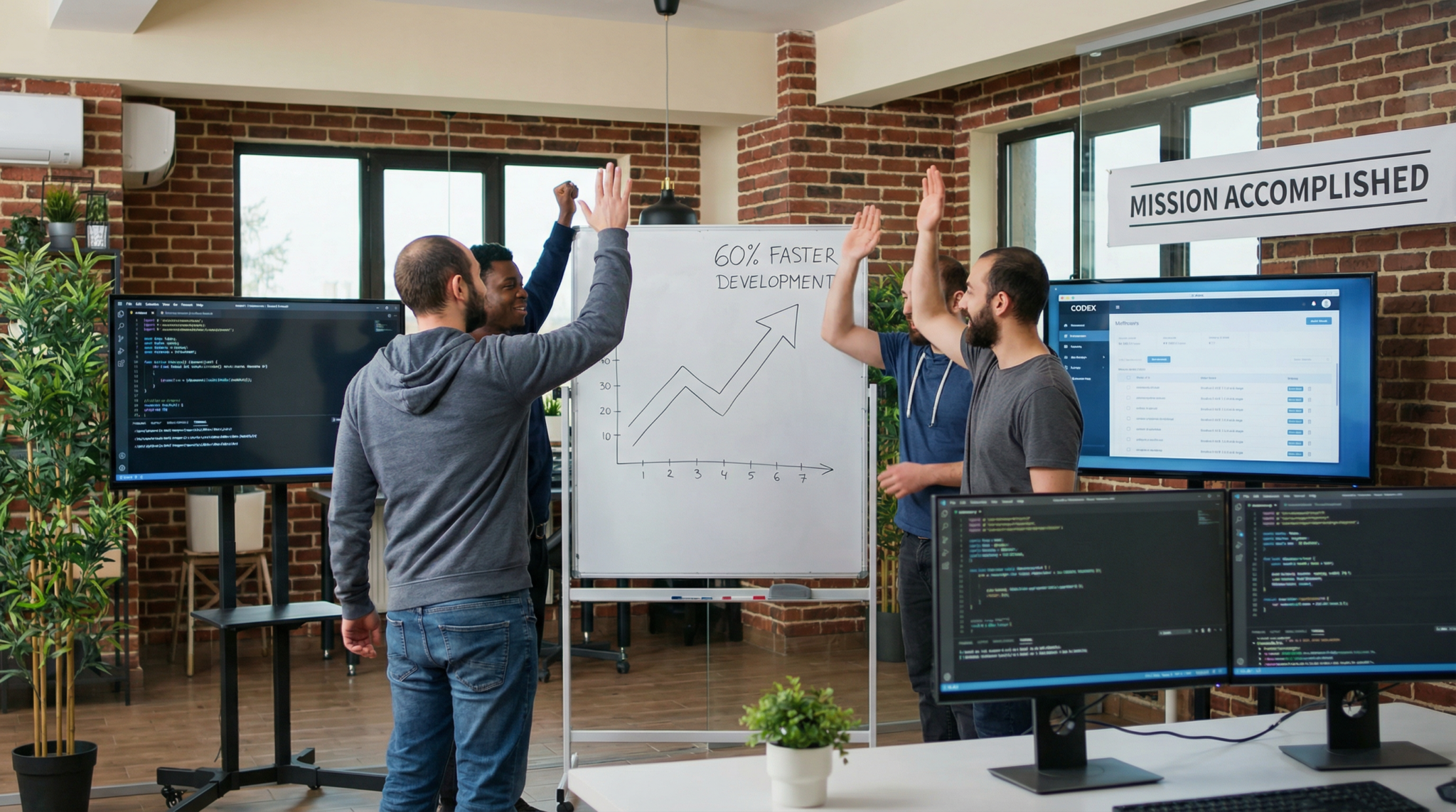 SaaS startup team celebrating 60% faster development with OpenAI Codex