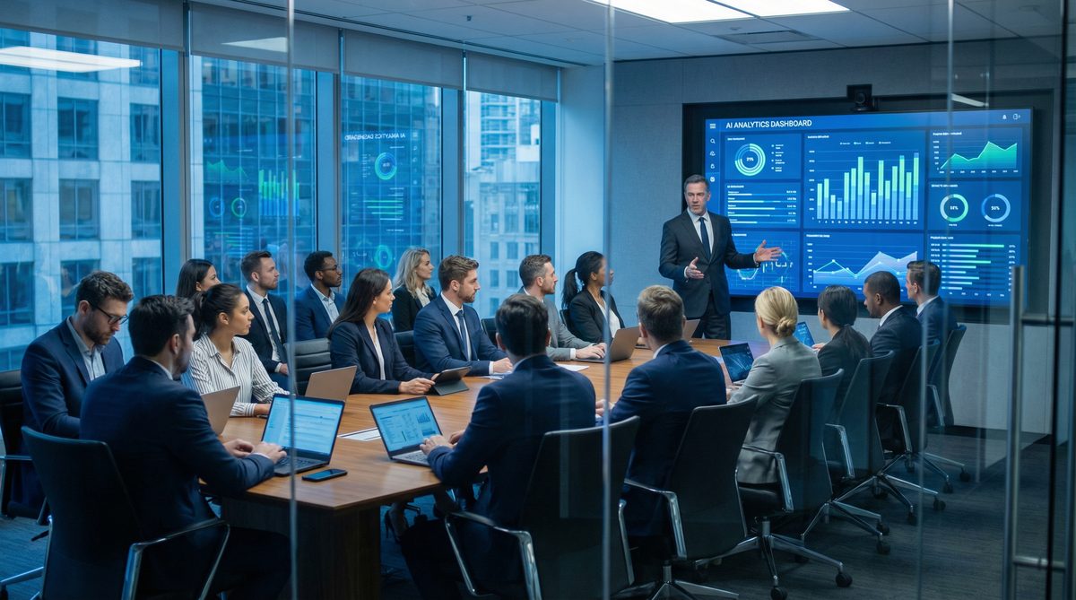 Corporate boardroom meeting with AI analytics dashboard on screen