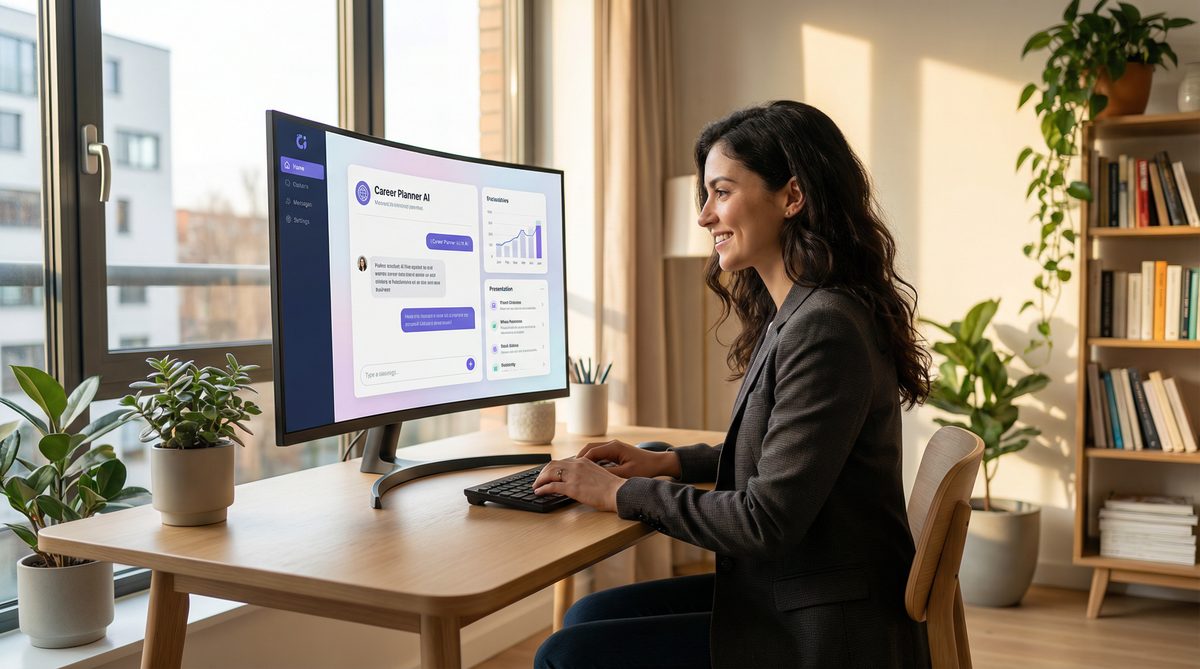 Young professional using AI career planning tools at a modern desk
