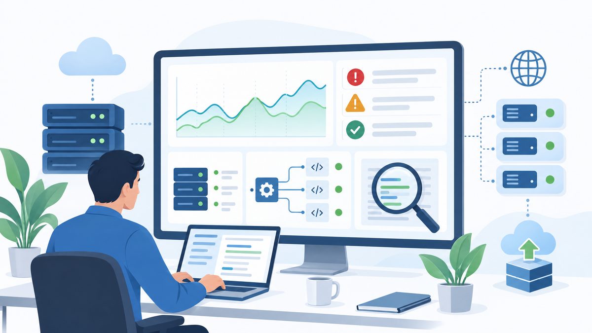 Light technical illustration of API monitoring, diagnostics, and reliability checks