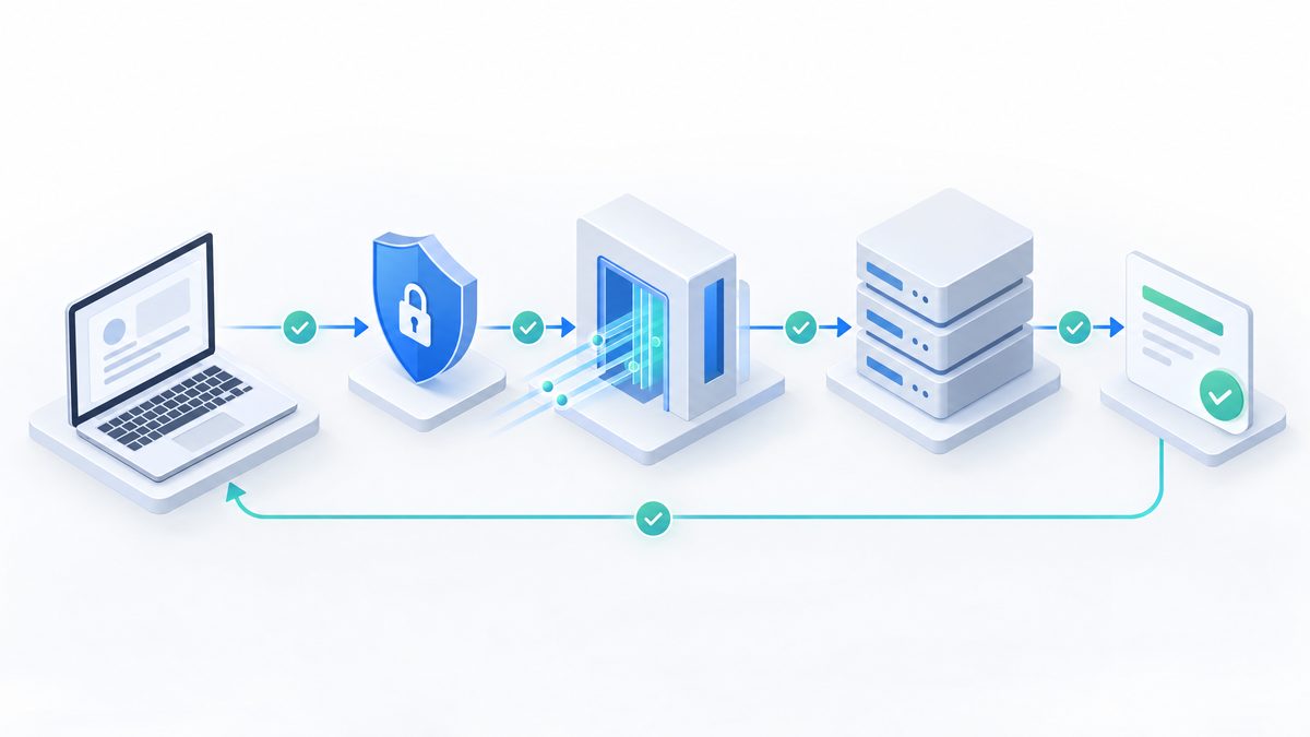 Light technical illustration of an API request workflow with authentication and response validation