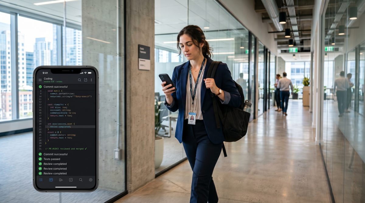 Developer reviewing code on mobile phone in office corridor