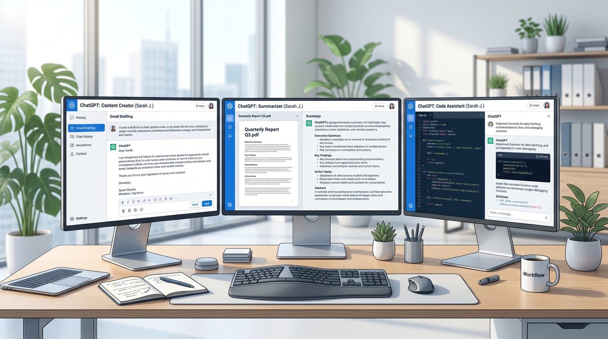 ChatGPT automated workflow dashboard with Gmail Drive and Calendar