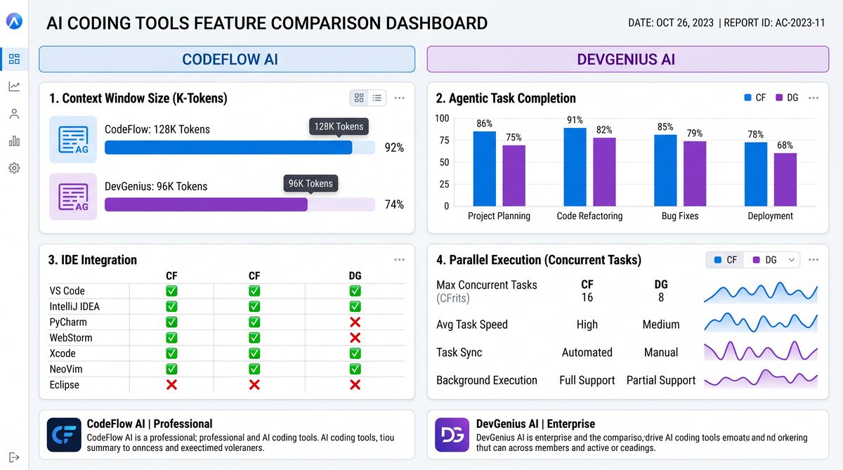 AI coding tools feature comparison dashboard