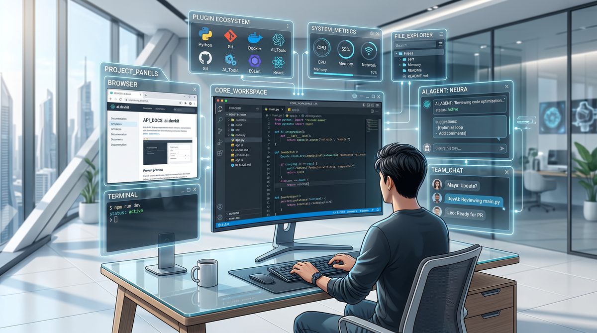 Futuristic developer workstation with AI agent and plugins