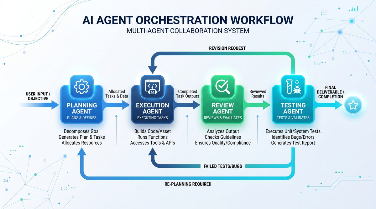 Multi-agent AI orchestration workflow diagram