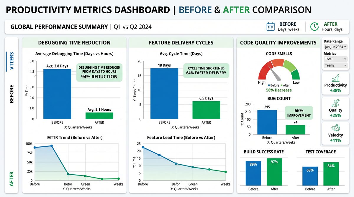 Productivity metrics dashboard showing before and after AI deployment