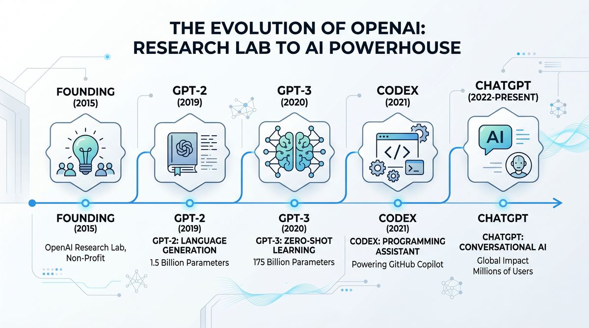 Evolution of OpenAI from research lab to AI powerhouse timeline