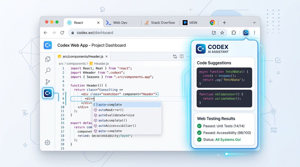 Codex Chrome Extension in action with code suggestions and web testing