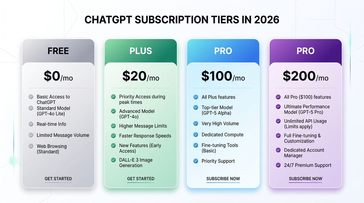 ChatGPT subscription tiers comparison 2026 pricing