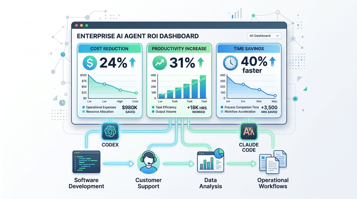 Enterprise AI agent ROI dashboard showing cost reduction and productivity