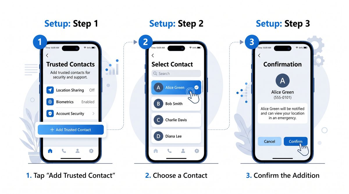 Trusted Contact setup steps on mobile device