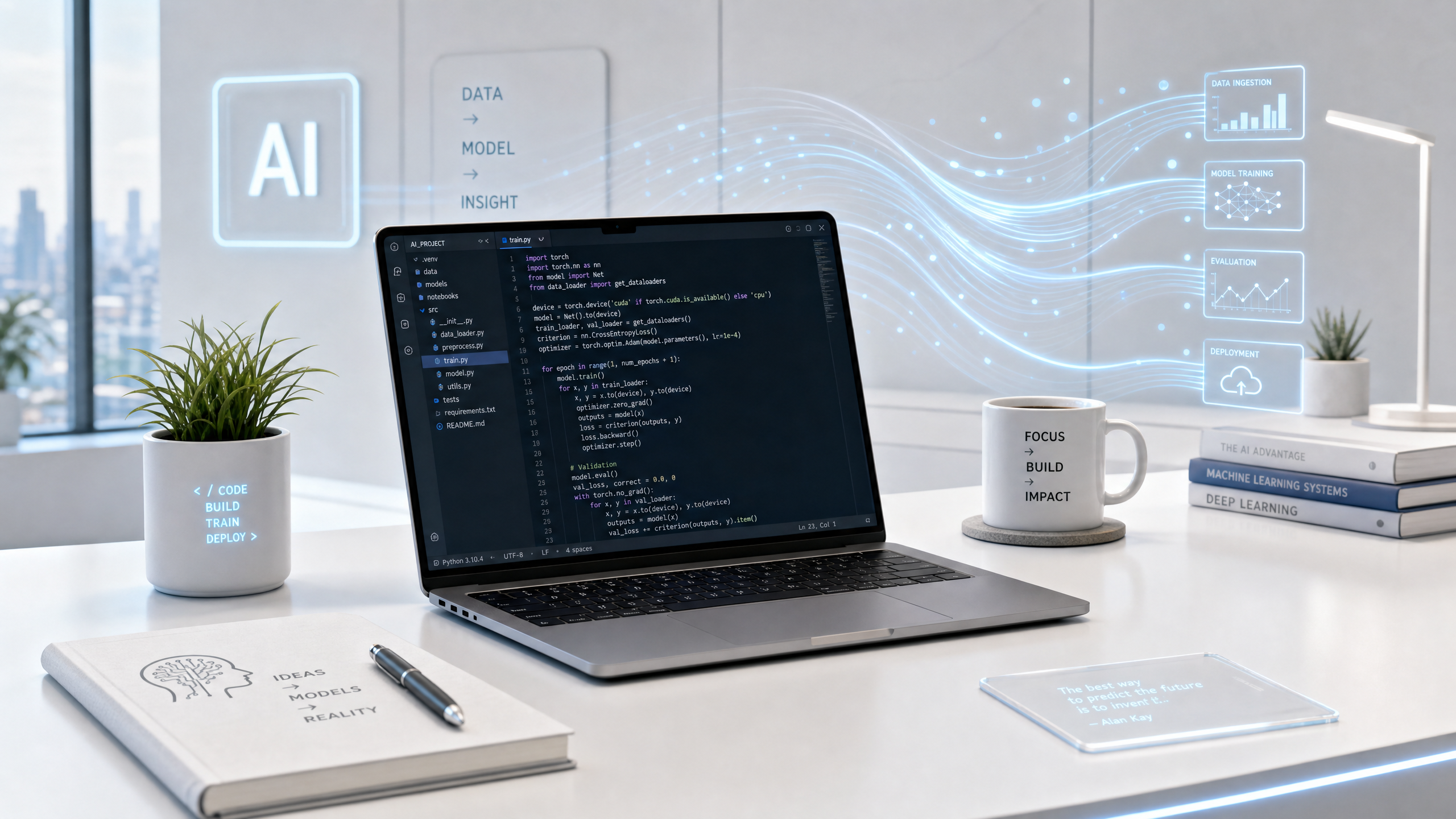 A futuristic desk setup with AI code.