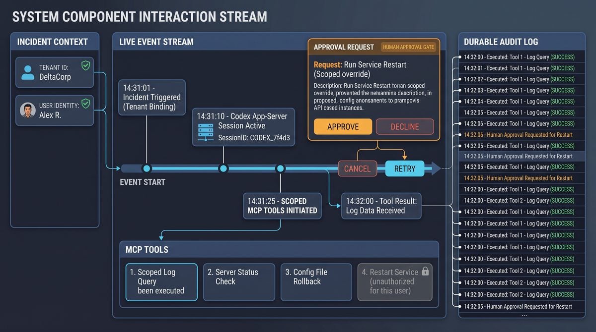 How to Embed Codex in an Internal Operations Dashboard with App-Server, MCP Tools, Streaming, and Human Approvals — architecture and implementation visual