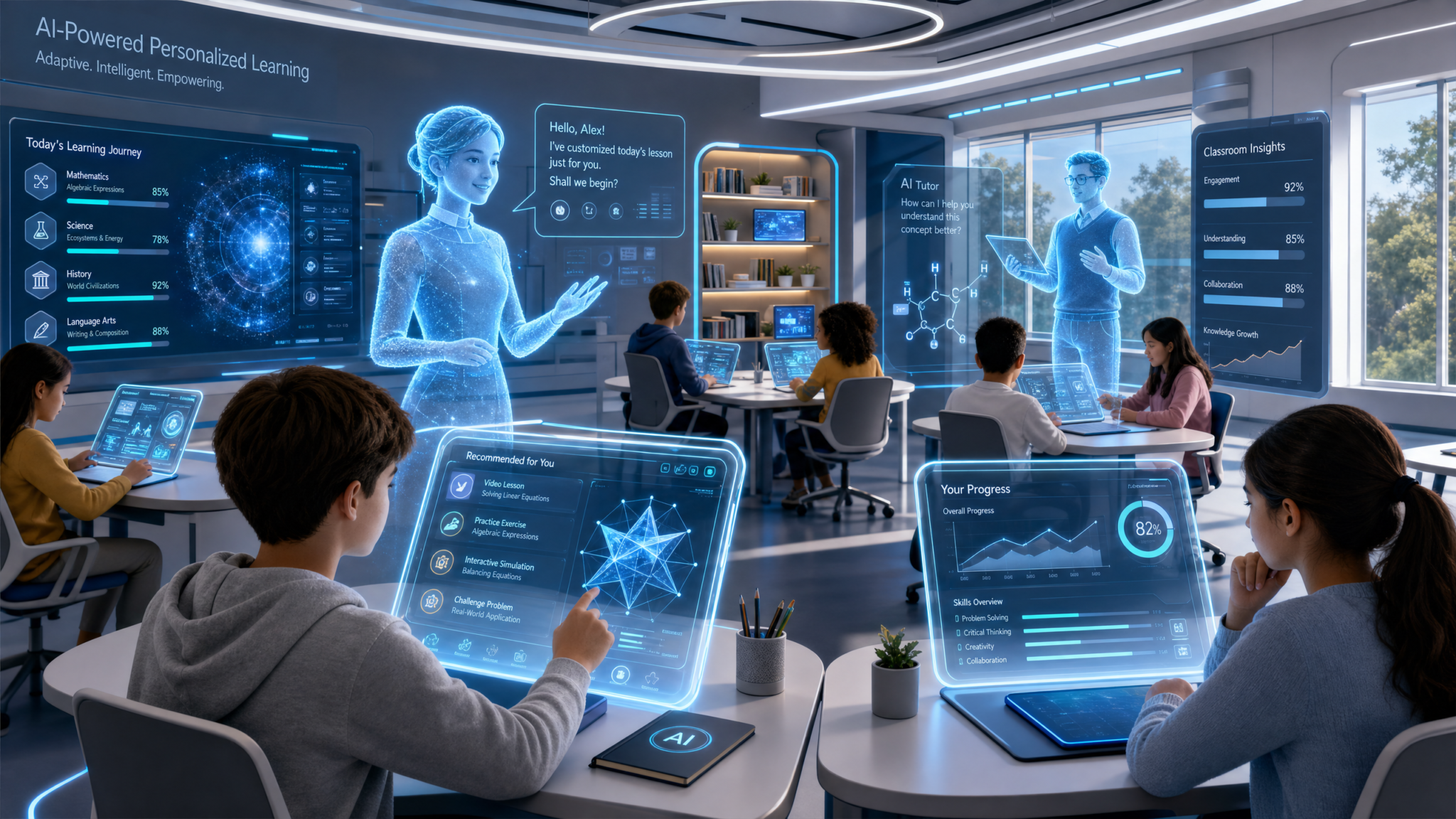 Illustration of AI-powered personalized learning environment with students interacting with digital tutors and adaptive learning interfaces