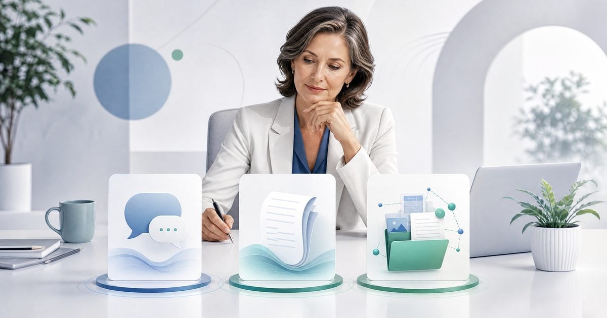 Business leader assessing AI tools for conversation, documents, and connected office work