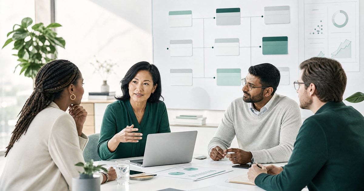 Business leader and team using AI-assisted workflows for meetings, planning, and analysis