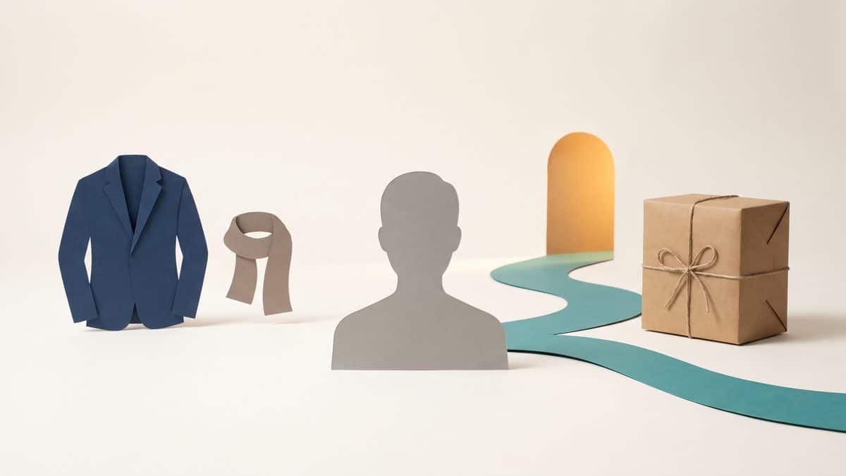 A folded jacket, a small accessory, a neutral portrait silhouette, and a shopping parcel connected by a branching path.