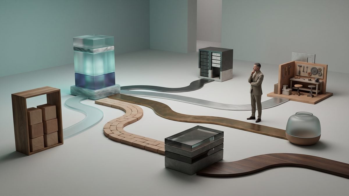 Five branching pathways connect one secured data vault to a conversation space, a shared knowledge table, a managed tool station, a developer workbench, and an application control room.