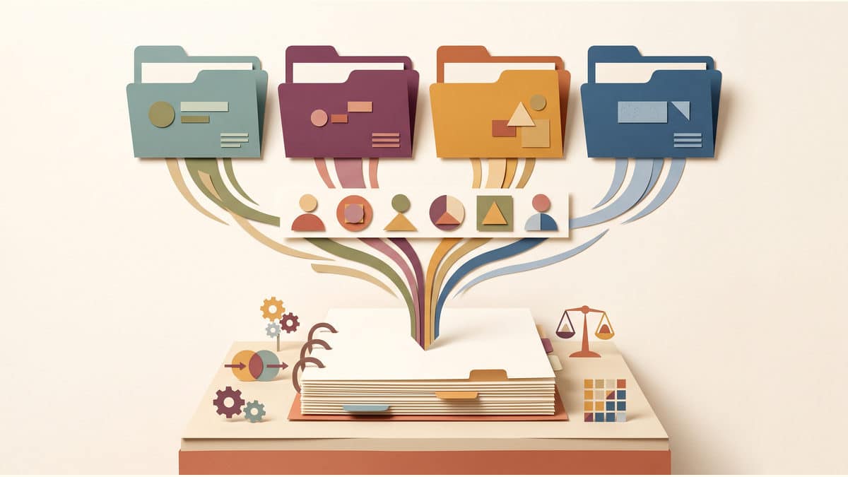 Conceptual illustration of four abstract source folders—rules, budget, programme notes and prior reports—converging into a reviewable draft package with human checkpoints, no text or interface.