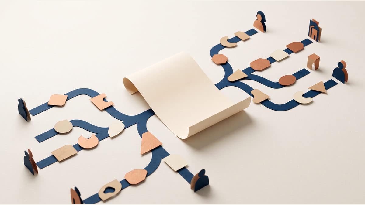 Conceptual illustration of a completed research report being separated into source trails, claim cards and a human executive-review checkpoint, with no text or interface.