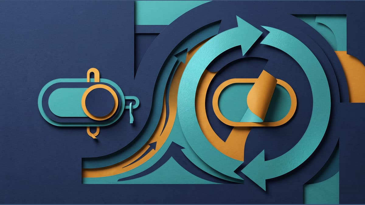Conceptual illustration of a settings dial appearing to click into place then returning to its former position after a circular refresh path, with no interface, text or logo.