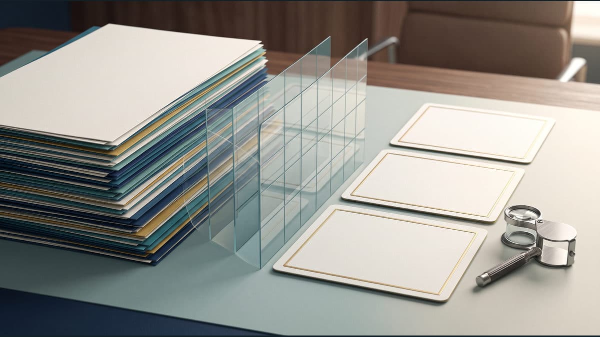 Original conceptual editorial illustration showing blank source packet beside empty presentation slides for a human-reviewed workflow