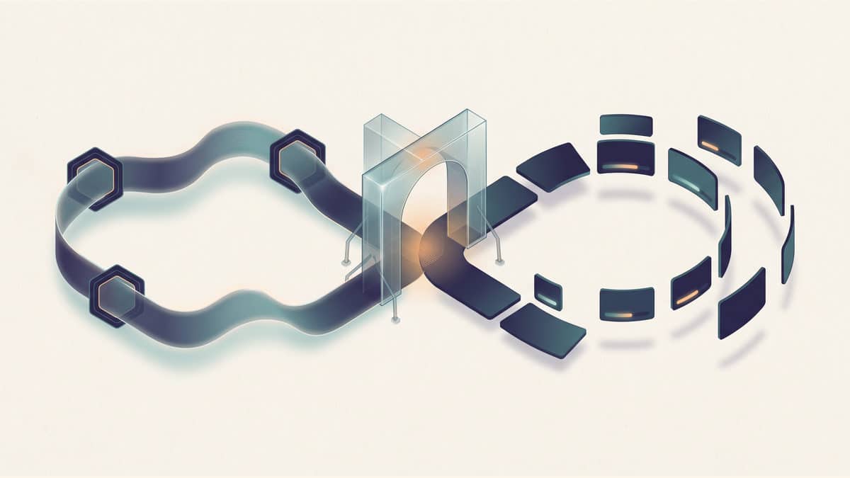 Original conceptual editorial illustration showing continuous work ribbon and separate scheduled task cards for a human-reviewed workflow