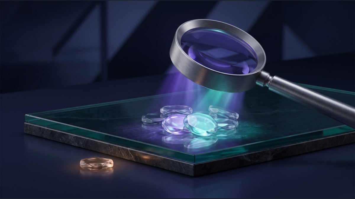 Abstract model tokens under a magnifying glass, with evidenced tokens lit on a board and one unverified token held outside it.