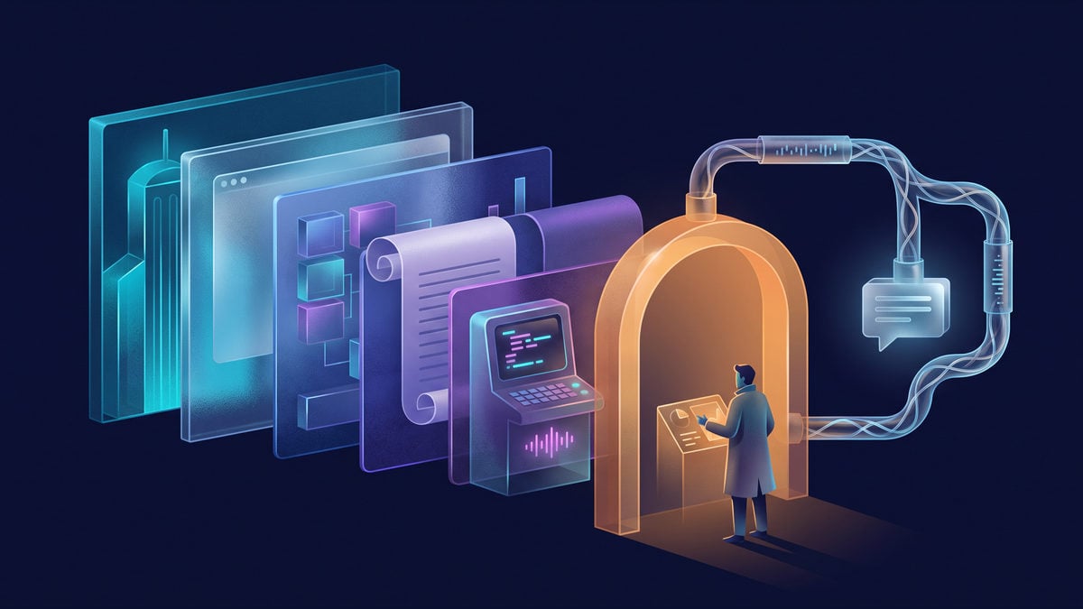 Abstract organisation, workspace, application, repository and command-line layers converging at a release gate.