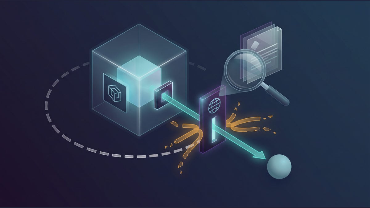 A translucent sandbox cube and magnifying glass beside one narrow permitted network path and several blocked paths.