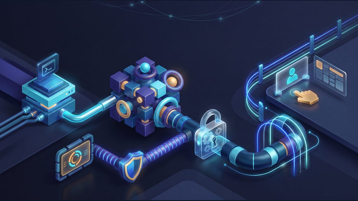 Conceptual dark workstation connected through a locked gateway to a server node by separate pipe, socket and encrypted paths.