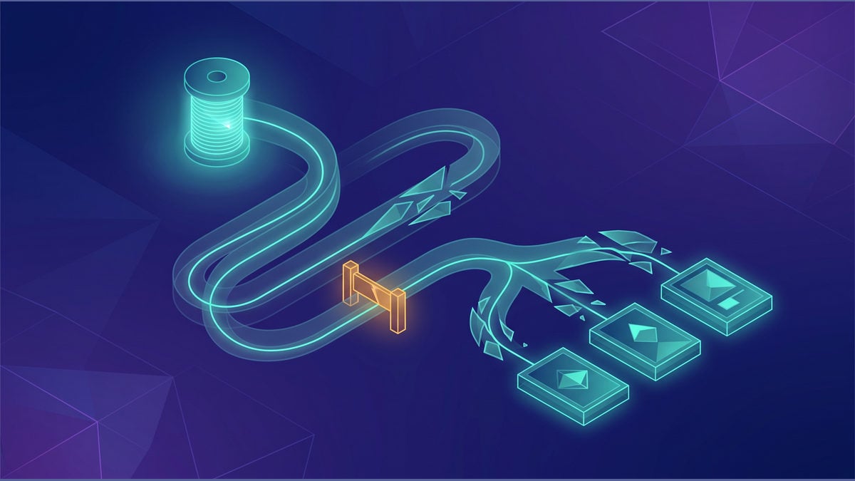 Conceptual glowing thread spool passing through circular turns to translucent streaming cards and a solid completed card.
