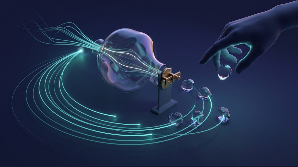 Teal light paths pass through a transparent glass vessel and a brass latch; an outstretched hand pauses above clear beads, suggesting bounded recovery and human review.