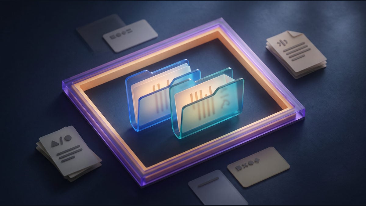 Conceptual illuminated generic folders inside a narrow permission boundary with dim channels and tickets remaining outside.