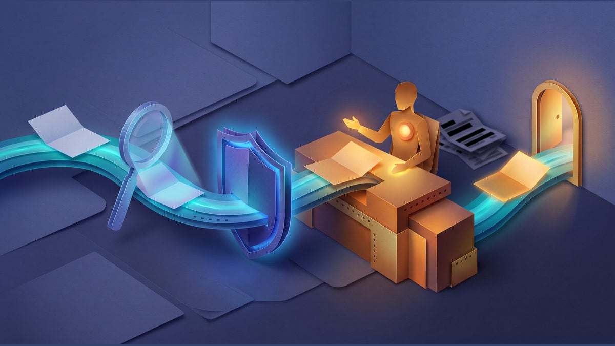 Conceptual unlabelled update sheet passing an evidence magnifier and privacy shield to a human review desk before a sharing door.