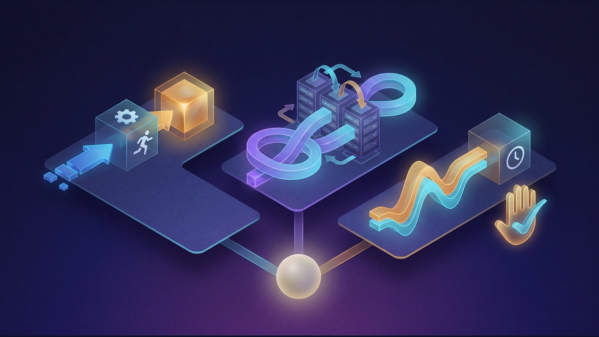Isometric conceptual scene with three unlabelled control lanes, a small automated runner, an internal service and a dashboard, with a human approval symbol only beside the dashboard lane.