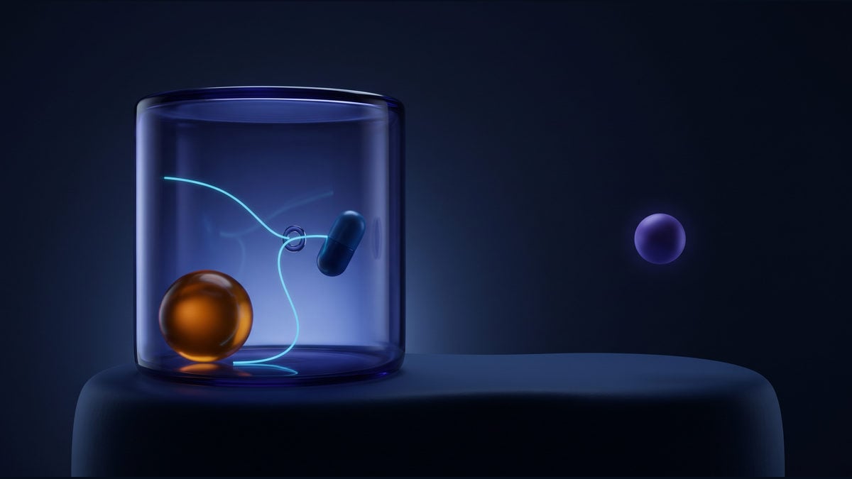 A smooth amber sphere rests inside a glass cylinder linked by a thin glowing path to a small capsule, with a violet sphere set apart.